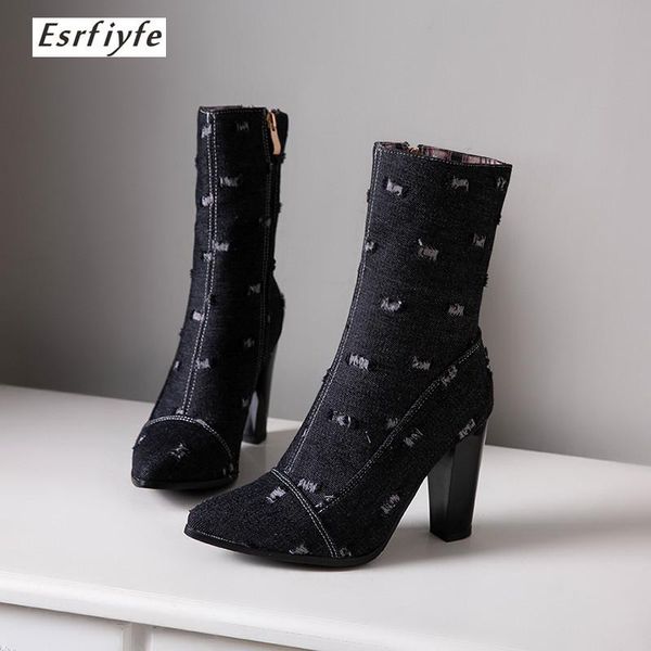 esrfiyfe 2020 new jeans boots autumn spring shoes mid calf boots for women denim super high heel woman stiletto zip bootie, Black