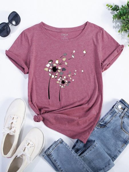 dandelion and cat print tee d7oe#, White