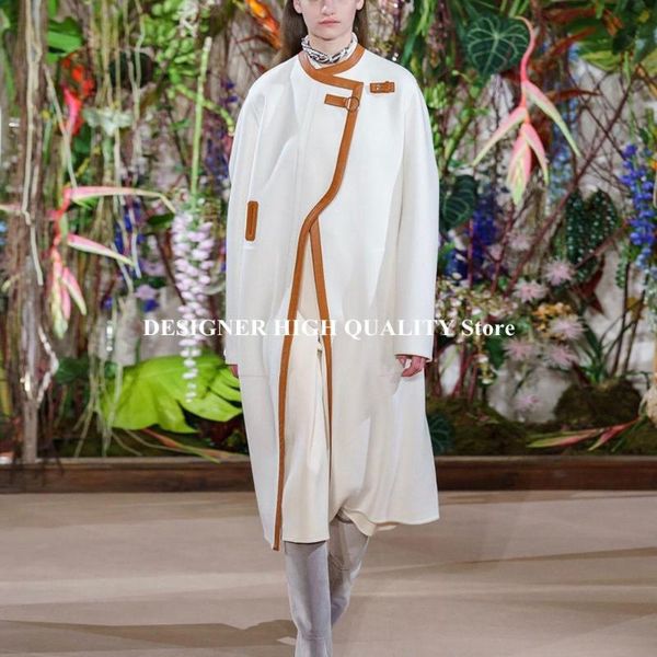 women's wool & blends luxury runway design 100% cashmere tweed overcoat o-neck leather patchwork oversized loose wide belt long coat wi, Black
women's wool & blends luxury runway design 100% cashmere tweed overcoat o-neck leather patchwork oversized loose wide belt long coat wi, Black