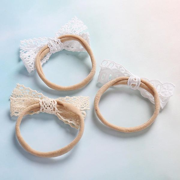 cute lace bows baby headband soft nylon elastic nebworn girl headbands hair accessories turban bandeau elastique cheveux fille wmtwir, Slivery;white