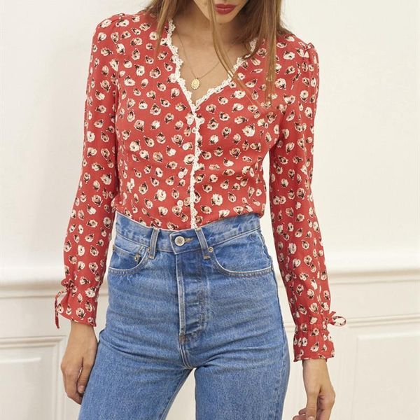red shirt women long sleeve single breasted v-neck floral print vintage blouse1, White 
red shirt women long sleeve single breasted v-neck floral print vintage blouse1, White