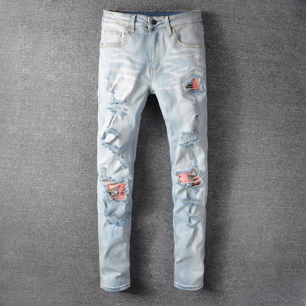 2021 new fashion streetwear men light blue slim fit ripped jeans elastic patches designer hip hop pants punk trousers cocr
2021 new fashion streetwear men light blue slim fit ripped jeans elastic patches designer hip hop pants punk trousers cocr