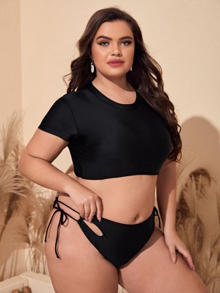 plus high neck tie side bikini swimsuit j0zy#, Black