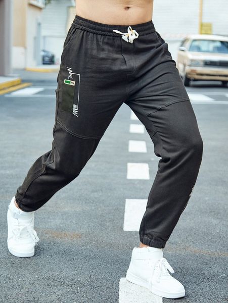 men patched detail slant pocket drawstring waist pants c9rg#, Black
men patched detail slant pocket drawstring waist pants c9rg#, Black