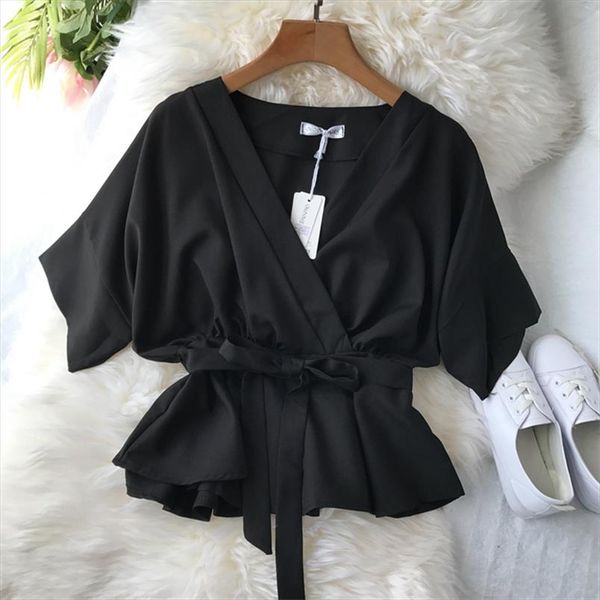 2019 korean women bow lace up slim and blouses ladies v neck chiffon shirt half sleeve ruffles oversized blusas mujer, White
2019 korean women bow lace up slim and blouses ladies v neck chiffon shirt half sleeve ruffles oversized blusas mujer, White