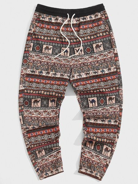 men camel and geo print drawstring waist pants q11h#, Black
men camel and geo print drawstring waist pants q11h#, Black