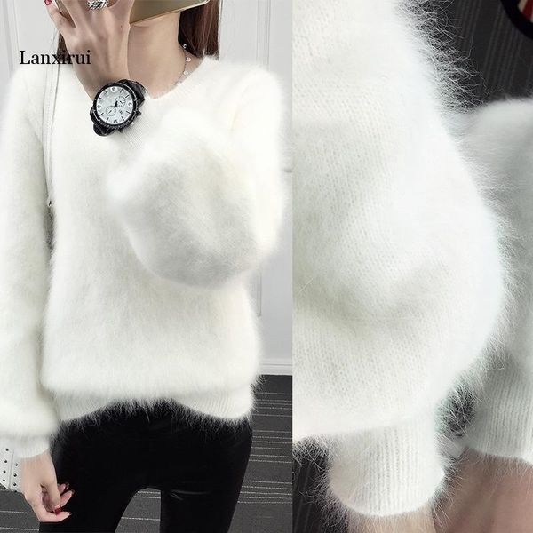 autumn loose pullover sweater furry lantern sleeves imitation water velvet white plush thickening sweater warm women y200720, White;black
autumn loose pullover sweater furry lantern sleeves imitation water velvet white plush thickening sweater warm women y200720, White;black