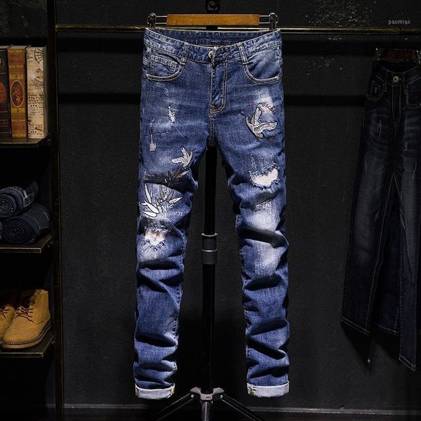 new men's jeans light color elastic hole badge jeans trend men's pants ripped biker denim1, Blue
new men's jeans light color elastic hole badge jeans trend men's pants ripped biker denim1, Blue