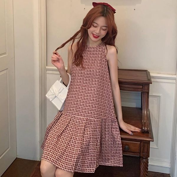 women loose tank plaid dress, Black;pink