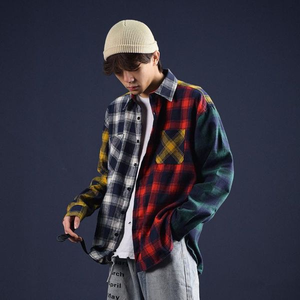 men's casual shirts extfine patchwork plaid men streetwear long sleeve stripe shirt oversize male loose blouse pocket, White;black
men's casual shirts extfine patchwork plaid men streetwear long sleeve stripe shirt oversize male loose blouse pocket, White;black