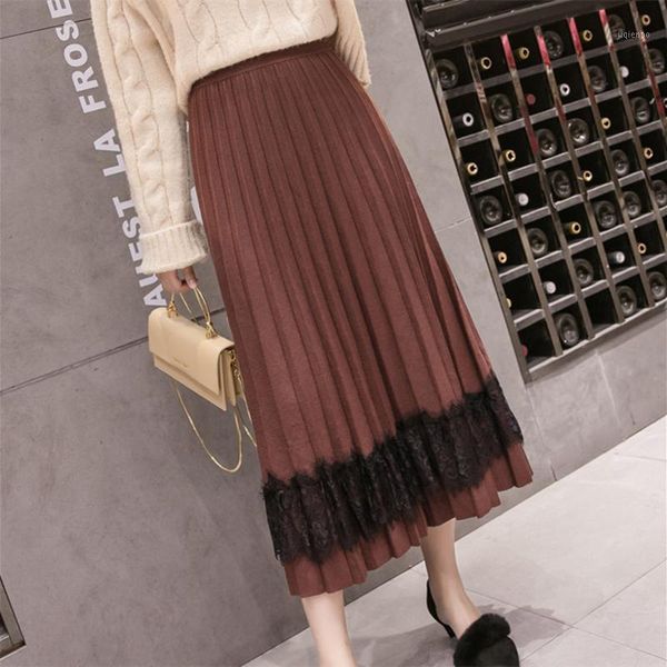 skirts 2021 autumn winter women high waist slim long skirt korean fashion lace patchwork thicken knitted pleated skirt1, Black