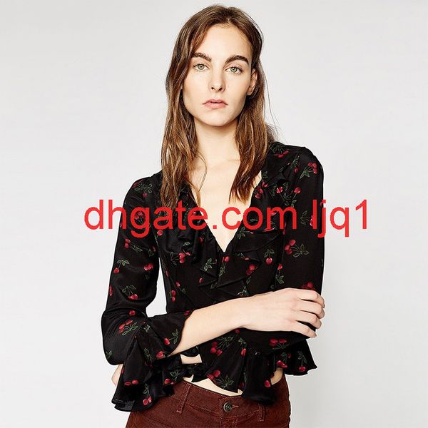 european and american ladies v-neck playful small cherry print jacket ruffled trumpet sleeves decorative shirt, White
european and american ladies v-neck playful small cherry print jacket ruffled trumpet sleeves decorative shirt, White