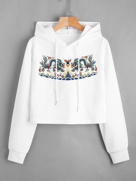 chinese dragon print drawstring crop hoodie 99zs#, White;black