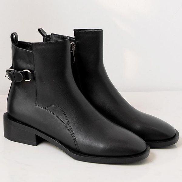 women's genuine leather low heel autumn ankle boots metal buckle side zip punk short booties round toe shoes women, Black
women's genuine leather low heel autumn ankle boots metal buckle side zip punk short booties round toe shoes women, Black