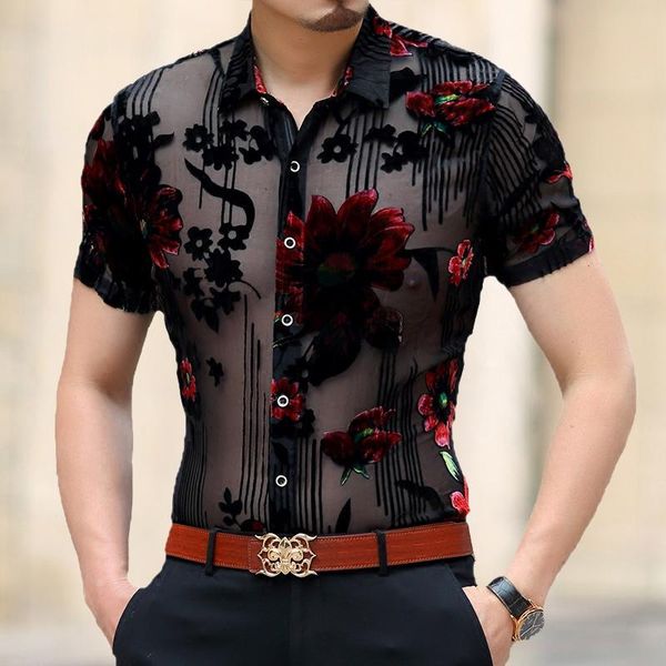 men's casual shirts flower print velvet shirt club party chemise homme mannen kleding 2021 spring short sleeve slim fit transparent men, White;black
men's casual shirts flower print velvet shirt club party chemise homme mannen kleding 2021 spring short sleeve slim fit transparent men, White;black