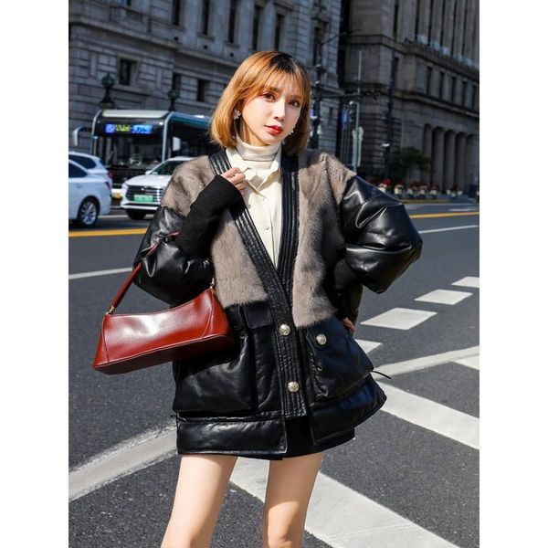 women's fur & faux 2021 winter genuine leather coat real sheepskin fleece stitching mink mid-length loose outwear, Black
women's fur & faux 2021 winter genuine leather coat real sheepskin fleece stitching mink mid-length loose outwear, Black