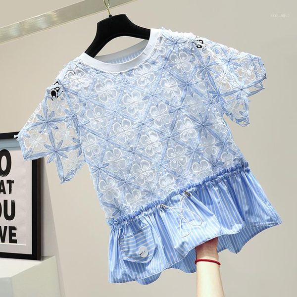 cutout waist hugging short sleeve lace shirt female 2020 summer temperament pleated stitching striped shirt women blouse blusas1, White
cutout waist hugging short sleeve lace shirt female 2020 summer temperament pleated stitching striped shirt women blouse blusas1, White
