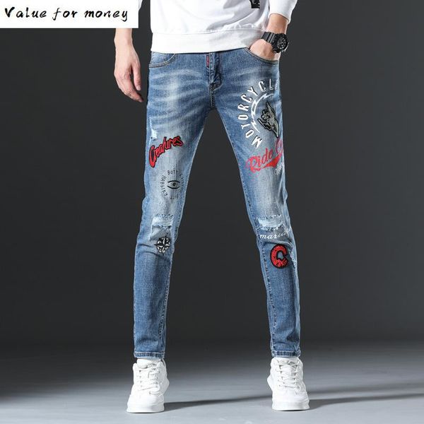 elastic badge trousers red ears hole printed letter lined jeans men's embroidery youth soft fabric casual loose cotton, Blue
elastic badge trousers red ears hole printed letter lined jeans men's embroidery youth soft fabric casual loose cotton, Blue
