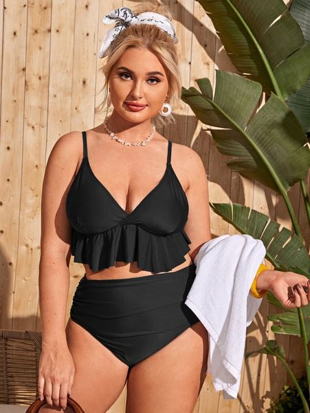 plus ruffle hem ruched high waisted bikini swimsuit k417#, Black