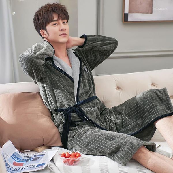 

men's sleepwear mens warm stitching flannel bathrobe super soft coral fleece long bath robe kimono male dressing gown plus size pijamas, Black;brown