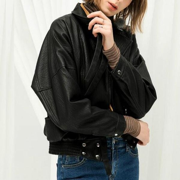 women turn-down batwing sleeve pu leather jacket casual loose faux leather coat pockets spliced moto jacket1, Black
women turn-down batwing sleeve pu leather jacket casual loose faux leather coat pockets spliced moto jacket1, Black