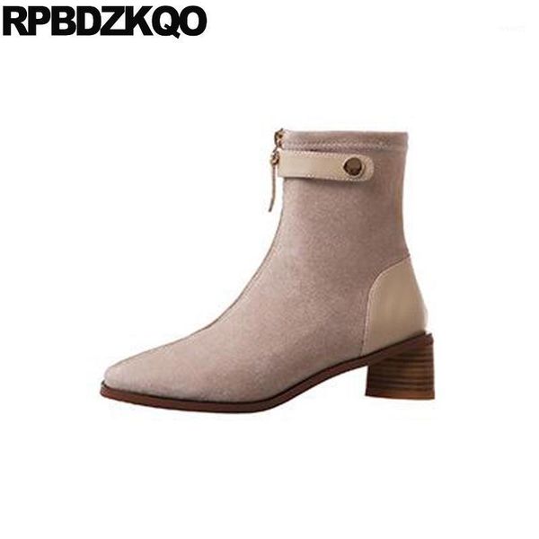 boots fall short front zipper european shoes suede autumn comfortable winter women ankle 2021 round toe chunky block ladies fur1, Black