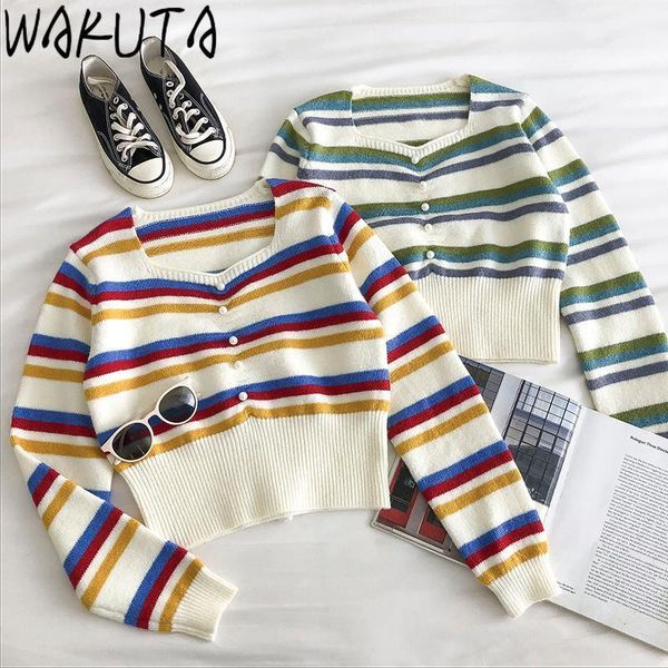 wakuta vintage rainbow striped sweater women elegant skinny square collar chic pearl clasp slim waist female pullovers fashion1, White;black
wakuta vintage rainbow striped sweater women elegant skinny square collar chic pearl clasp slim waist female pullovers fashion1, White;black