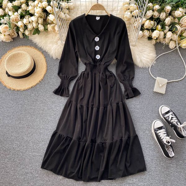 2021 new female elastic puff sleeves button the line dressed up elegant autumn solid ruffle long dress 8gkd, Black;gray
2021 new female elastic puff sleeves button the line dressed up elegant autumn solid ruffle long dress 8gkd, Black;gray