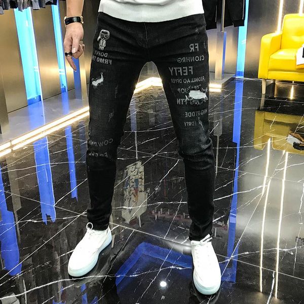 men's jeans autumn 2021 handsome perforated letter printed mid waist stretch leggings youth frosted black trousers for men, Blue
men's jeans autumn 2021 handsome perforated letter printed mid waist stretch leggings youth frosted black trousers for men, Blue