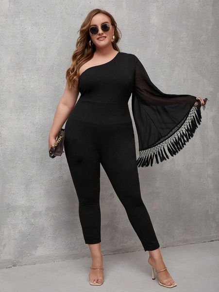 x elle rebel plus one shoulder flounce sleeve tassel trim jumpsuit 58le#, Black
x elle rebel plus one shoulder flounce sleeve tassel trim jumpsuit 58le#, Black
