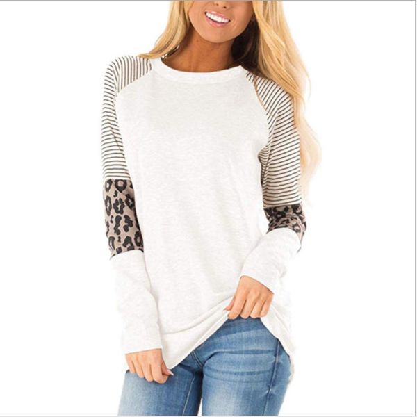 women's leopard print patchwork color block tunic round neck long sleeve t shirts striped causal blouses, White
women's leopard print patchwork color block tunic round neck long sleeve t shirts striped causal blouses, White
