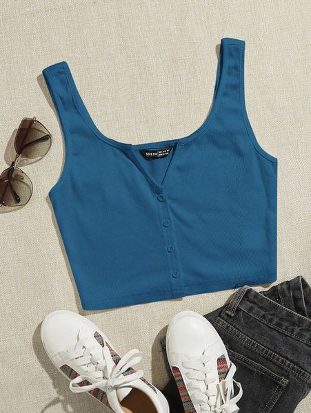notched neck button-front cropped tank e74e#, White