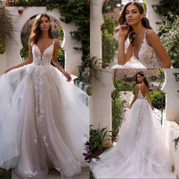 beach bohemian lace wedding dresses spaghetti straps tulle layered ruffles backless sweep train wedding bridal gowns robe de mariee, White 
beach bohemian lace wedding dresses spaghetti straps tulle layered ruffles backless sweep train wedding bridal gowns robe de mariee, White
