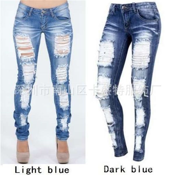 european summer new white denim large hole elastic jeans, Blue 
european summer new white denim large hole elastic jeans, Blue