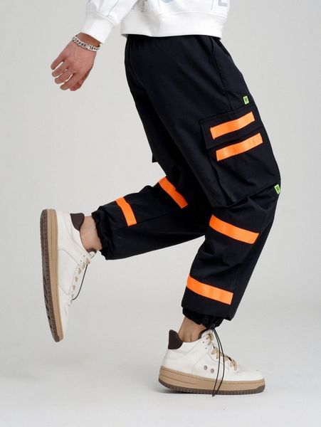 men contrast tape flap pocket side drawstring hem cargo pants 86oa#, Black