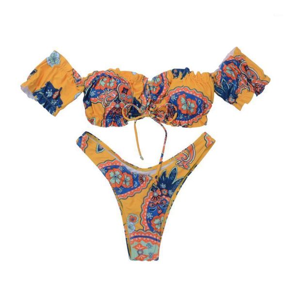 women floral printing bikini suits puff sleeve bandage plus low-waist thong split swimsuit set off sholder bikinis1, White;black
women floral printing bikini suits puff sleeve bandage plus low-waist thong split swimsuit set off sholder bikinis1, White;black