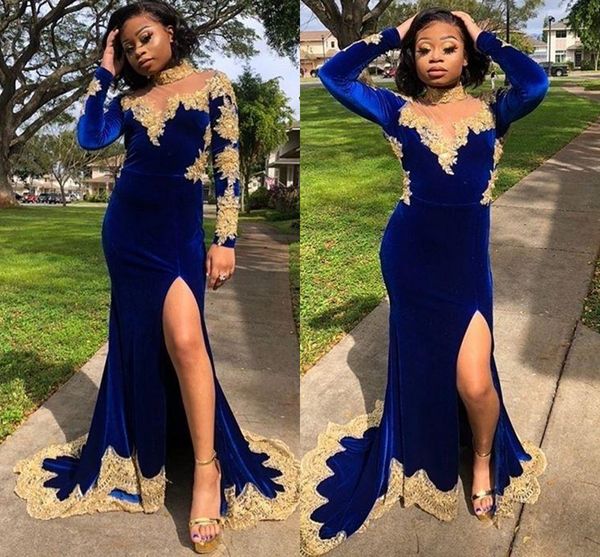 vintage royal blue velvet gold lace mermaid prom dresses 2022 high neck side slit long sleeves beads evening pageant celebrity dress, Black
vintage royal blue velvet gold lace mermaid prom dresses 2022 high neck side slit long sleeves beads evening pageant celebrity dress, Black