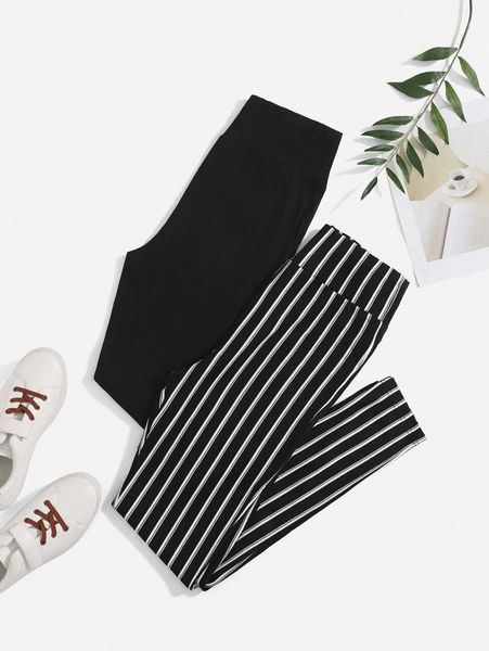 2pcs striped print wide waistband leggings x4k8#, Black
2pcs striped print wide waistband leggings x4k8#, Black