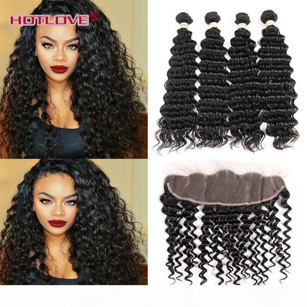 8a brazilian virgin hair deep wave ear to ear lace frontal closure with 4 bundles human hair with 13x4 lace frontal deep curly, Black;brown