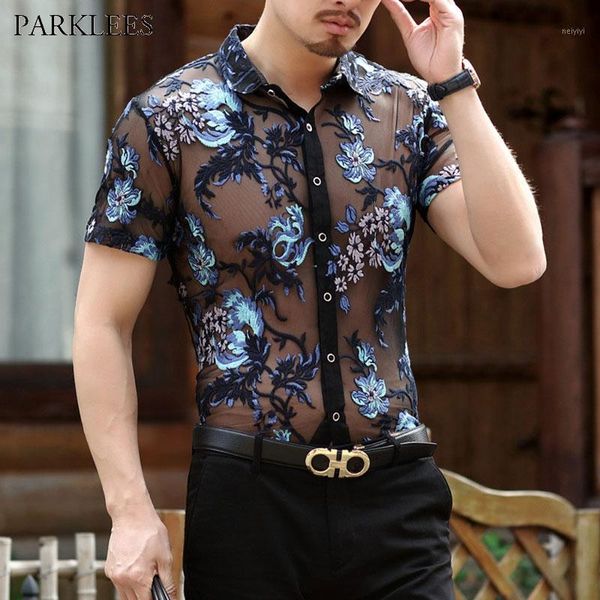 men's casual shirts luxury floral embroidery men transparent dress shirt 2021 brand short sleeve see through lace camisa social1, White;black
men's casual shirts luxury floral embroidery men transparent dress shirt 2021 brand short sleeve see through lace camisa social1, White;black