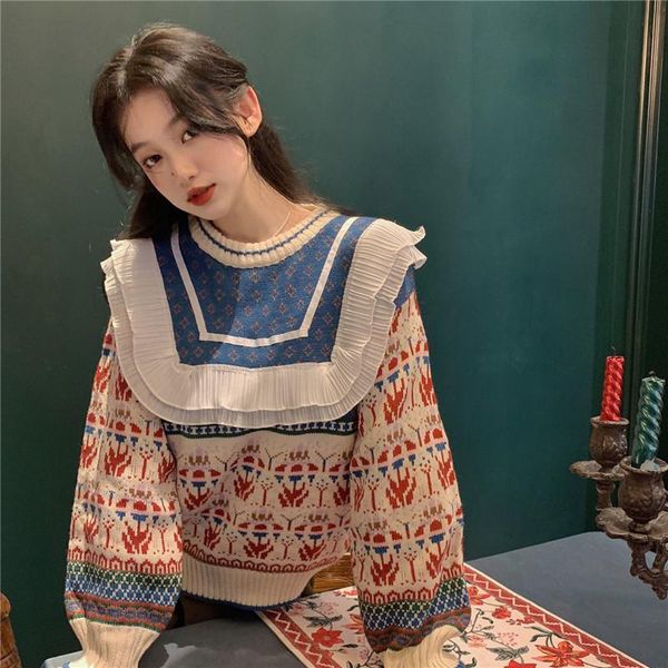 women's sweaters women sweater autumn and winter vintage japanese style loose pullover round neck ruffled diamond jacquard sweet knitte, White;black
women's sweaters women sweater autumn and winter vintage japanese style loose pullover round neck ruffled diamond jacquard sweet knitte, White;black