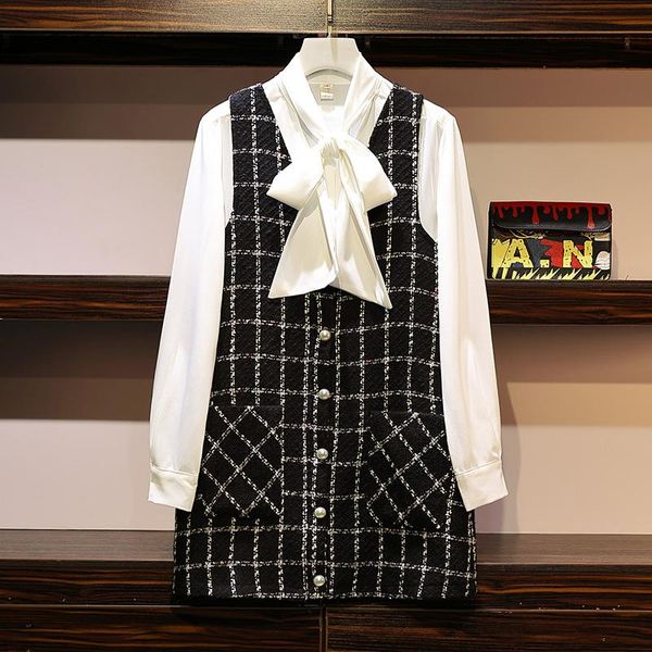 women's tracksuits xl-5xl autumn dress 2 piece set women bowknot chiffon loose long sleeve shirt + pearl button tweed plaid vest overal, Gray
women's tracksuits xl-5xl autumn dress 2 piece set women bowknot chiffon loose long sleeve shirt + pearl button tweed plaid vest overal, Gray