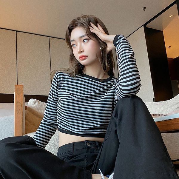 short women's long sleeve korean version slim hong kong style striped cotton bottom t-shirt t-shirt with high waist and exposed navel j, White
short women's long sleeve korean version slim hong kong style striped cotton bottom t-shirt t-shirt with high waist and exposed navel j, White