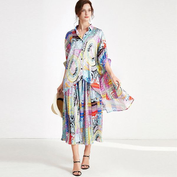 women plus size casual suits loose satin printed elegant two piece summer new and pants elastic waist turn-down collar suit lj201118, White
women plus size casual suits loose satin printed elegant two piece summer new and pants elastic waist turn-down collar suit lj201118, White