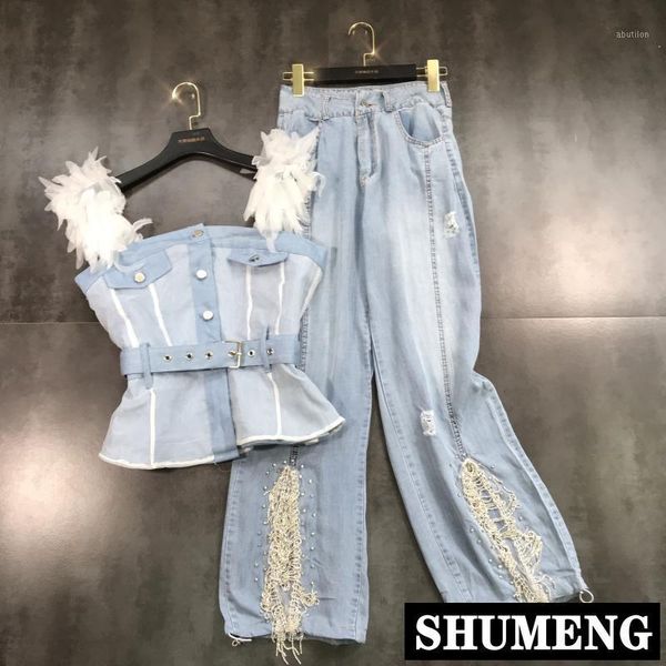 women's two piece pants 2021 summer feather mesh shoulder denim sling + drill chain wide leg jeans trousers women set1, White
women's two piece pants 2021 summer feather mesh shoulder denim sling + drill chain wide leg jeans trousers women set1, White