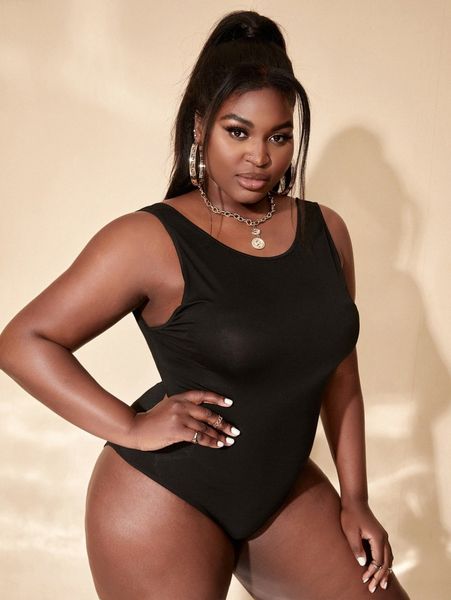 sxy plus backless tank bodysuit b7io#, Black