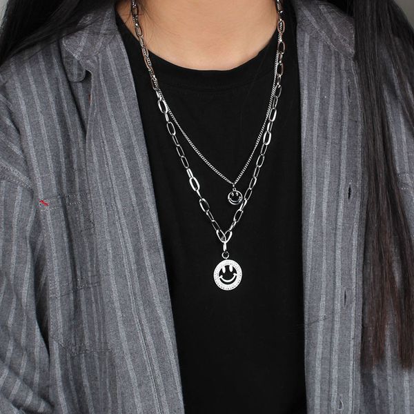 titanium steel ins double layer smiling face necklace women's pendant neck chain hip hop men's cool sweater chain, Silver
titanium steel ins double layer smiling face necklace women's pendant neck chain hip hop men's cool sweater chain, Silver