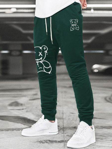 men bear print drawstring waist sweatpants y41h#, Black