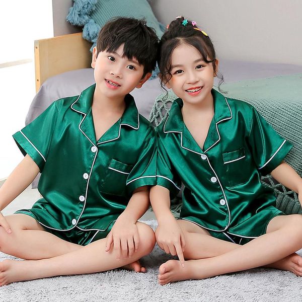 Girls Pajamas Set Summer Short Sleeve Children's Sleepwear Set Fake Silk Pajamas Boy Pyjamas Sets For Kids Children's Day Gift Des