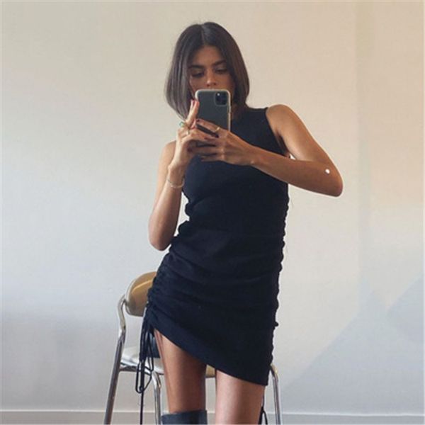 2021 ruched drawstring party dress women sleeveless elastic mini dress vintage summer bodycon club wear vestidos, Black;gray 
2021 ruched drawstring party dress women sleeveless elastic mini dress vintage summer bodycon club wear vestidos, Black;gray